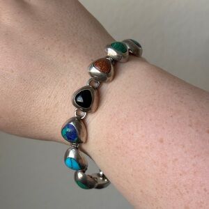 Vintage Taxco Sterling Silver 925 Mexico Multi Color Stone Link Bracelet